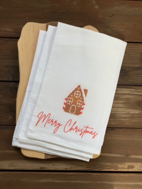 100% Cotton Christmas Gingerbread House Flour Sack Kitchen  Towel. three towels. One towel with design and two blank towels. Flour Sack Boutique