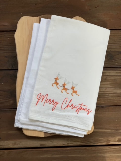 100% Cotton Merry Christmas Reindeer Flour Sack Kitchen Towels. Flour Sack Boutique