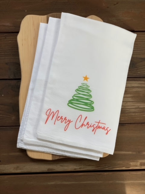 100% Cotton Swirly Christmas Tree Flour Sack Kitchen Towel. Flour Sack Boutique