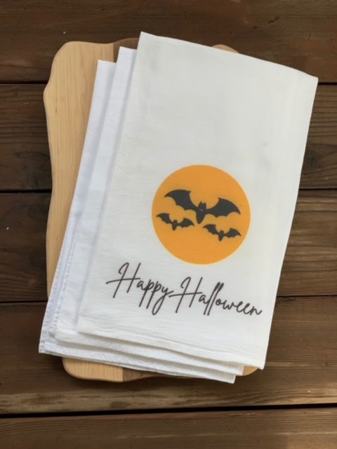 100% Cotton Halloween Orange Moon with Bats Flour Sack Kitchen Towel. Flour Sack Boutique
